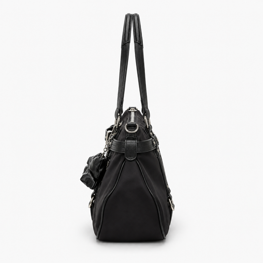 KOREE Black Faux Leather Shoulder Tote Bag with Bow Charm
