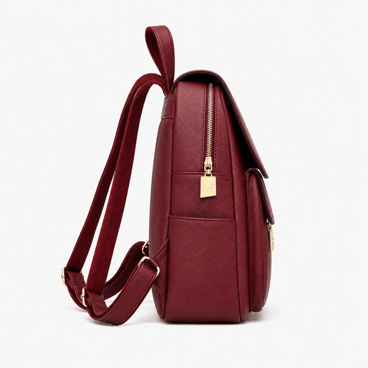 Women's Burgundy PU Leather Backpack with Gold-Tone Hardware