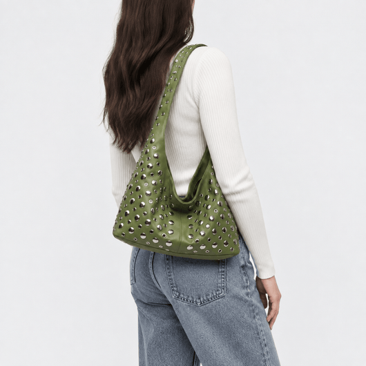 Vivian Green PU Leather Rivet Hobo Shoulder Bag