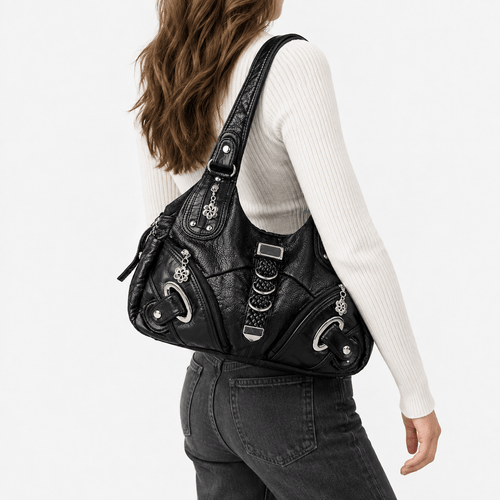 Black Faux Leather Multi-Pocket School Handbag