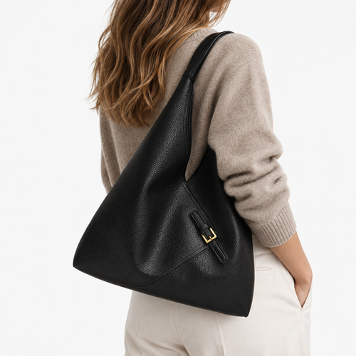 LICA Large Black Soft Leather Hobo School Bag