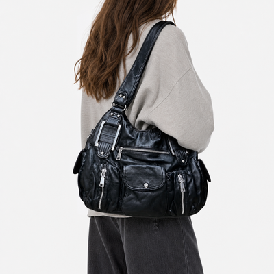 Clémentine Black Faux Leather Multi-Pocket Shoulder Bag