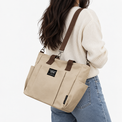 Women's Beige and Brown Canvas Multi-Pocket Tote Bag with Shoulder Strap