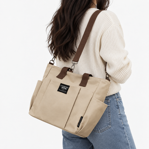 Women's Beige and Brown Canvas Multi-Pocket Tote Bag with Shoulder Strap