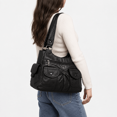 Louise Black PU Leather Multi-Pocket Shoulder Bag Solid