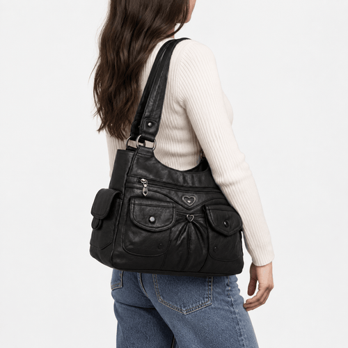 Louise Black PU Leather Multi-Pocket Shoulder Bag Solid