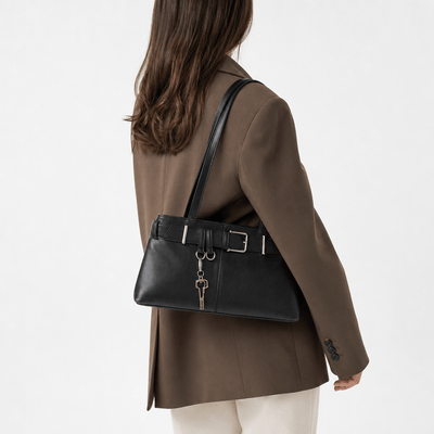 Women's Black Vegan Leather Belted Shoulder Bag