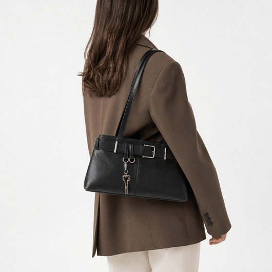 Women's Black Vegan Leather Belted Shoulder Bag