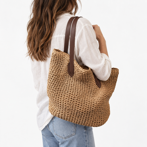 Lina Large Braided Straw Tote Bag with Brown Straps