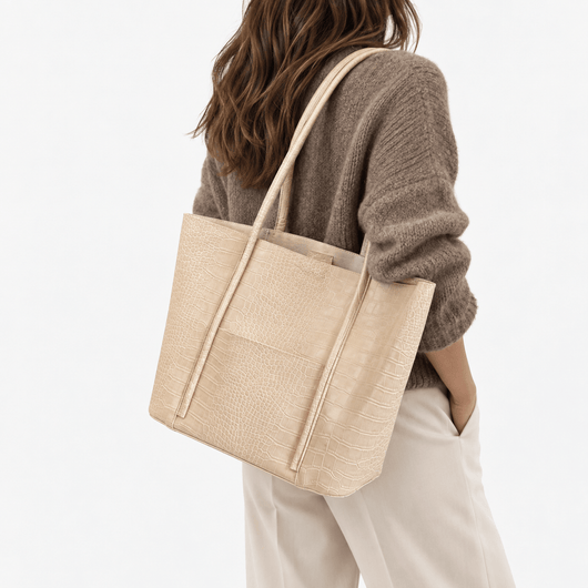Women's Beige Crocodile Embossed PU Leather Tote Bag