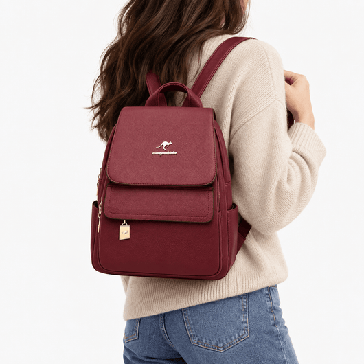 Women's Burgundy PU Leather Backpack with Gold-Tone Hardware