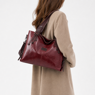Women's Vintage Burgundy PU Leather Tote Handbag with Shoulder Strap