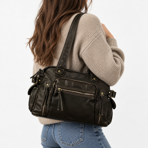 Dark Brown Vintage Multi-Pocket School Shoulder Bag