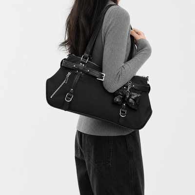 KOREE Black Faux Leather Shoulder Tote Bag with Bow Charm