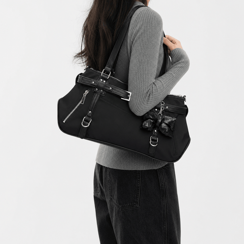 KOREE Black Faux Leather Shoulder Tote Bag with Bow Charm