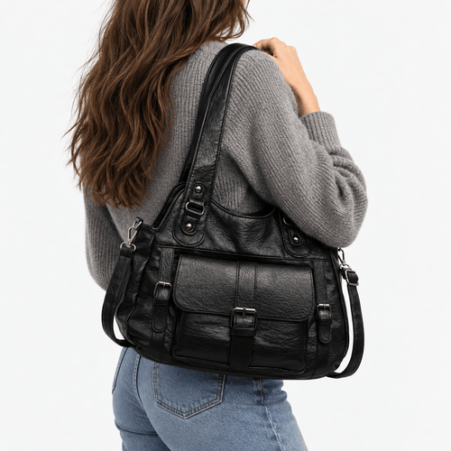 Women's Black Faux Leather Vintage School Handbag with Shoulder Strap