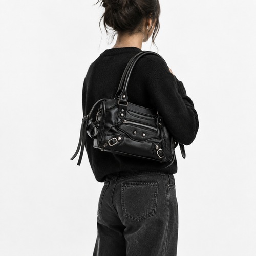 Black Retro Synthetic Leather Studded Handbag