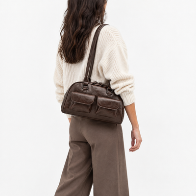 Brown Synthetic Leather Multi-Pocket Handbag