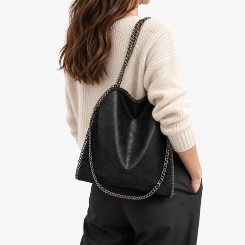 Konie Black Leather Slouchy Shoulder Handbag with Chain Strap