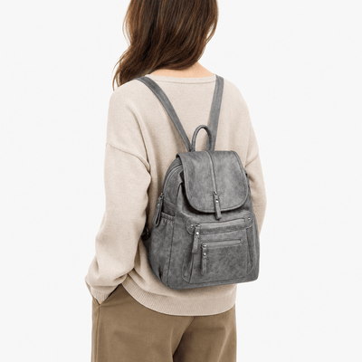 Women's Vintage Grey PU Leather Multi-Pocket Backpack