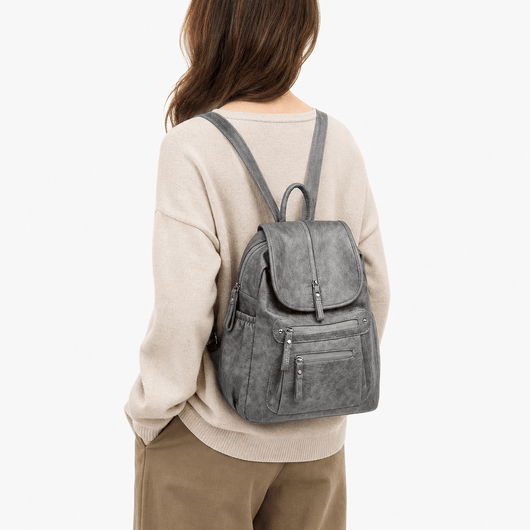Women's Vintage Grey PU Leather Multi-Pocket Backpack