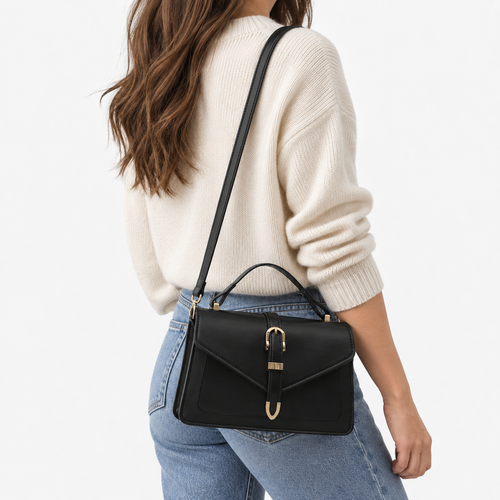 Isaline Small Black Crossbody Handbag with Gold-Tone Flap