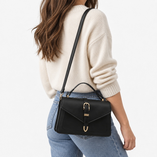 Isaline Small Black Crossbody Handbag with Gold-Tone Flap
