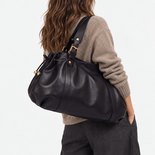 Enora Large Black Faux Leather Bowling Handbag