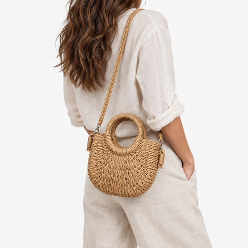 Léna Small Beige Straw Crossbody Bag