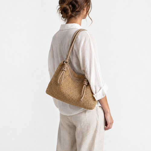 Alia Beige Woven Straw Hobo Bag with Zip Closure