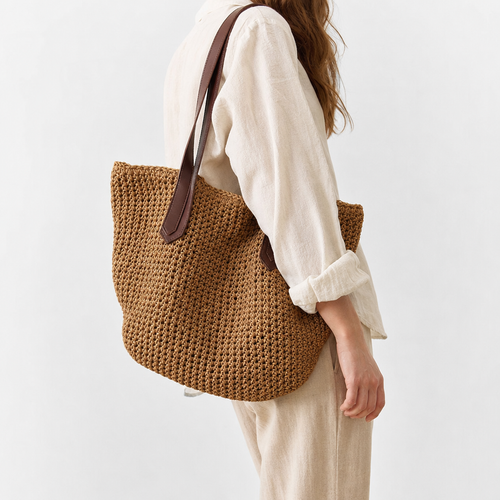Lina Large Braided Straw Tote Bag with Brown Straps