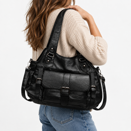 Women's Black Faux Leather Vintage School Handbag with Shoulder Strap