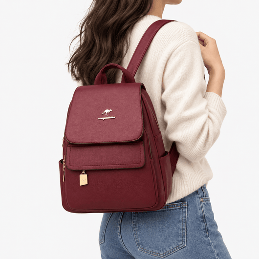 Women's Burgundy PU Leather Backpack with Gold-Tone Hardware