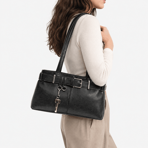 Women's Black Vegan Leather Belted Shoulder Bag