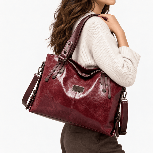 Women's Vintage Burgundy PU Leather Tote Handbag with Shoulder Strap