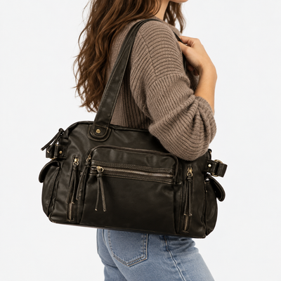 Dark Brown Vintage Multi-Pocket School Shoulder Bag
