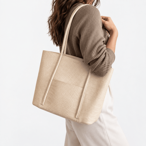 Women's Beige Crocodile Embossed PU Leather Tote Bag