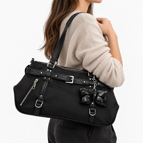 KOREE Black Faux Leather Shoulder Tote Bag with Bow Charm