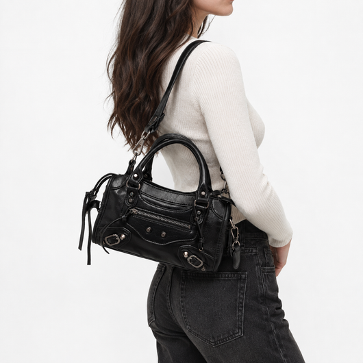 Black Retro Synthetic Leather Studded Handbag