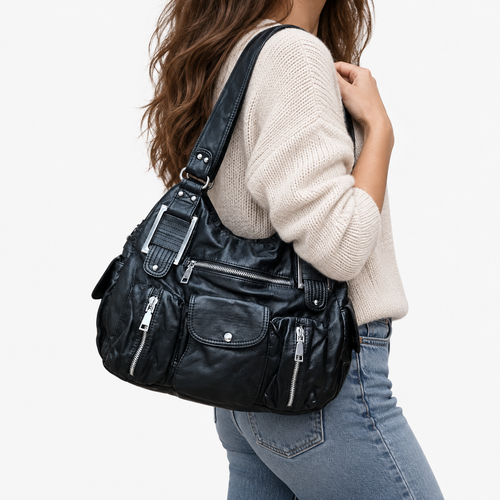Clémentine Black Faux Leather Multi-Pocket Shoulder Bag