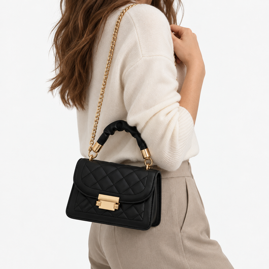 Sophie Black Quilted Flap Shoulder Bag with Gold Chain Strap