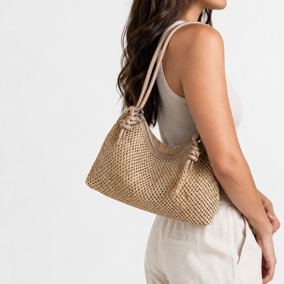 Alia Beige Woven Straw Hobo Bag with Zip Closure
