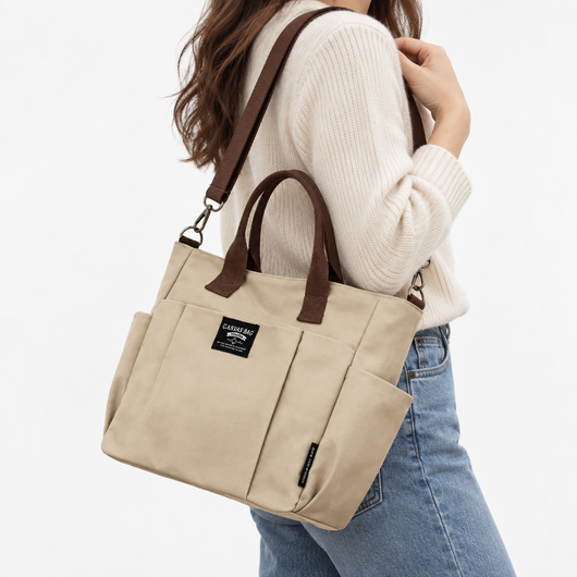 Women's Beige and Brown Canvas Multi-Pocket Tote Bag with Shoulder Strap
