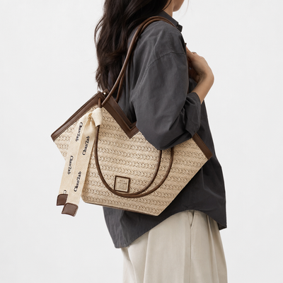 Mila Women's Straw Tote Bag with Decorative Ribbon