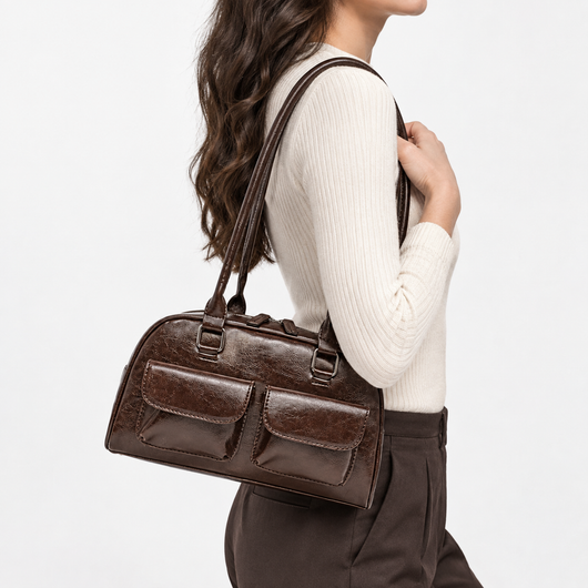 Brown Synthetic Leather Multi-Pocket Handbag