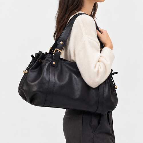 Enora Large Black Faux Leather Bowling Handbag