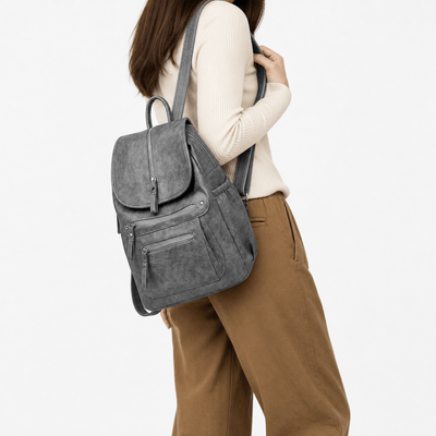 Women's Vintage Grey PU Leather Multi-Pocket Backpack
