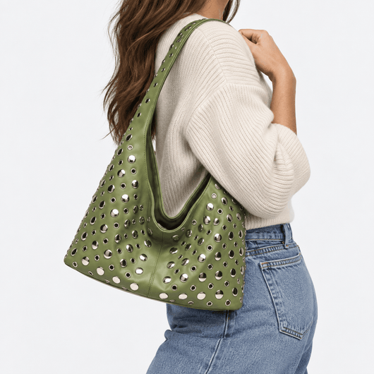 Vivian Green PU Leather Rivet Hobo Shoulder Bag