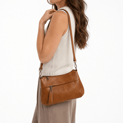 Mona Brown PU Leather Multi-Pocket Crossbody Bag