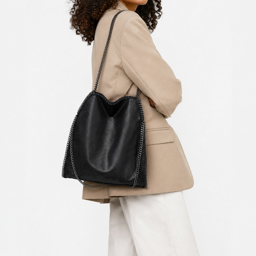 Konie Black Leather Slouchy Shoulder Handbag with Chain Strap
